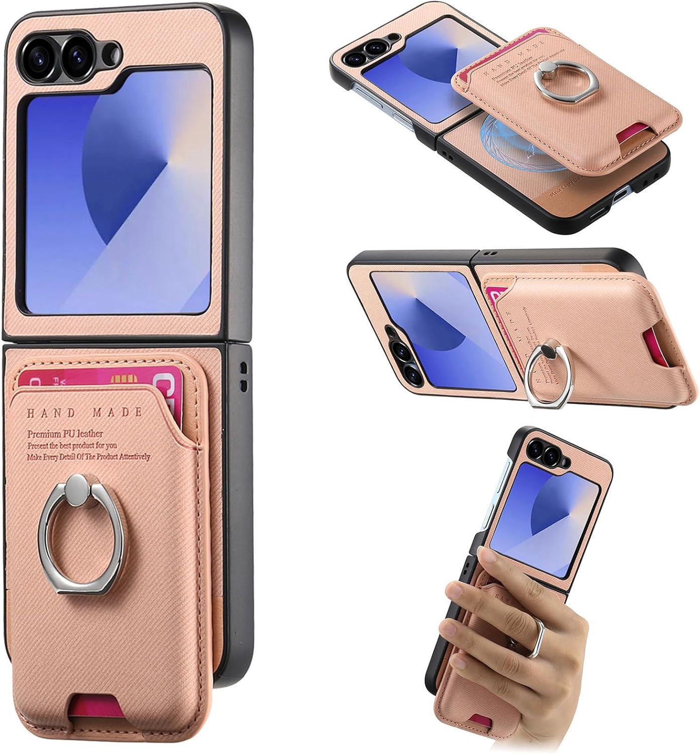 Asuwish Compatible with Samsung Galaxy Z Flip 5 5G 2023 Wallet Case and Detachable Card Holder Slot Magnetic Back Protective Case Ring Stand Kickstand Phone Cover for ZFlip5 Z5 G Flip5 Women Men Pink