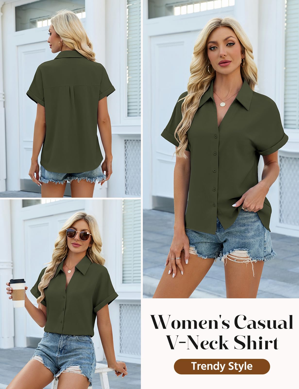HEEKPEK Camicia Donna Estiva Camicetta Manica Corta Elegante Blusa Scollo a V Top Maniche a Pipistrello con Bottoni Maglietta Classico Tinta Unita Moda Casual Lavoro Shirt