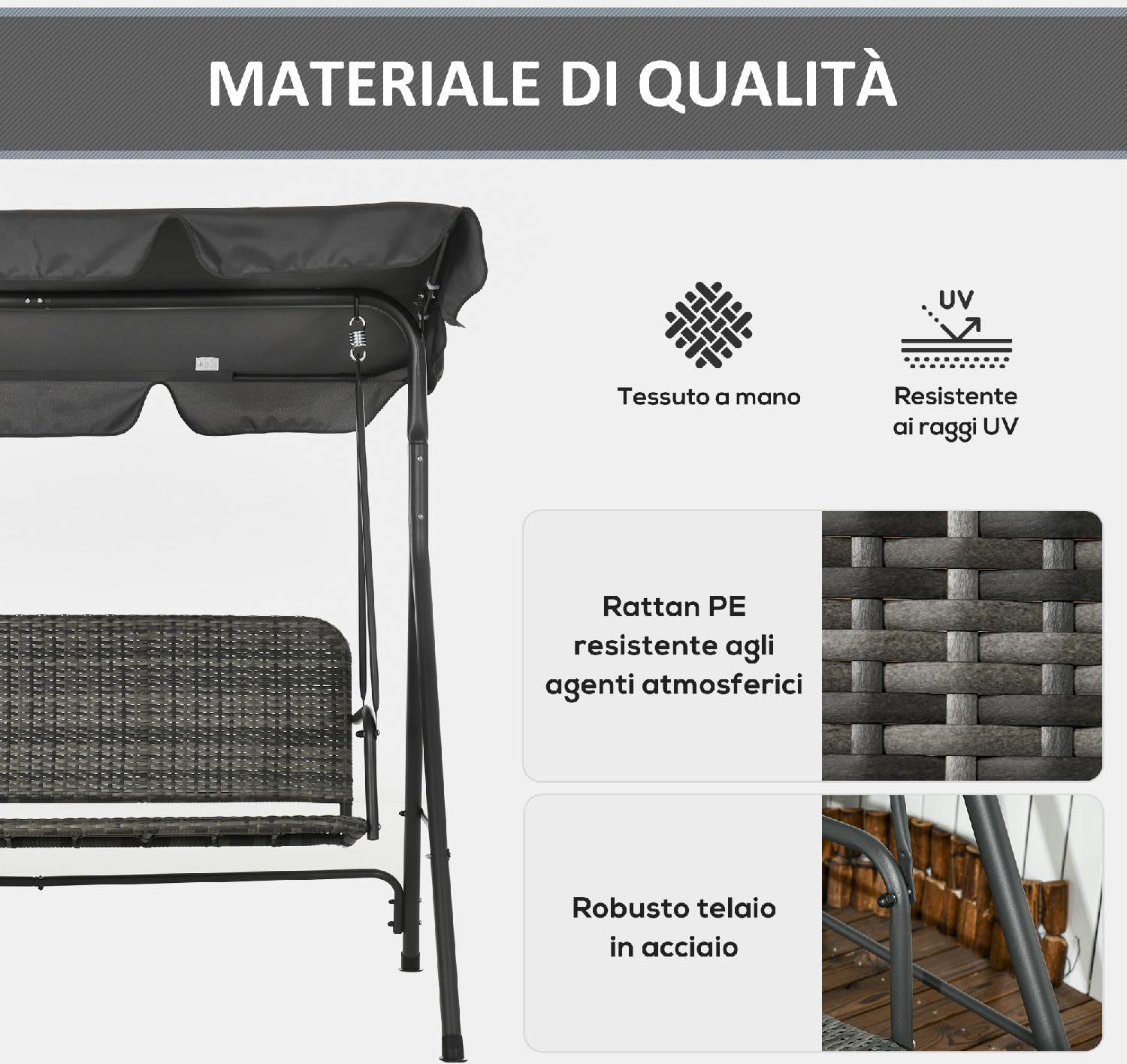 Dondolo da Giardino 3 Posti con Tettuccio Parasole in Acciaio/Rattan PE Dimensioni 167x112x153 cm Colore Grigio Scuro