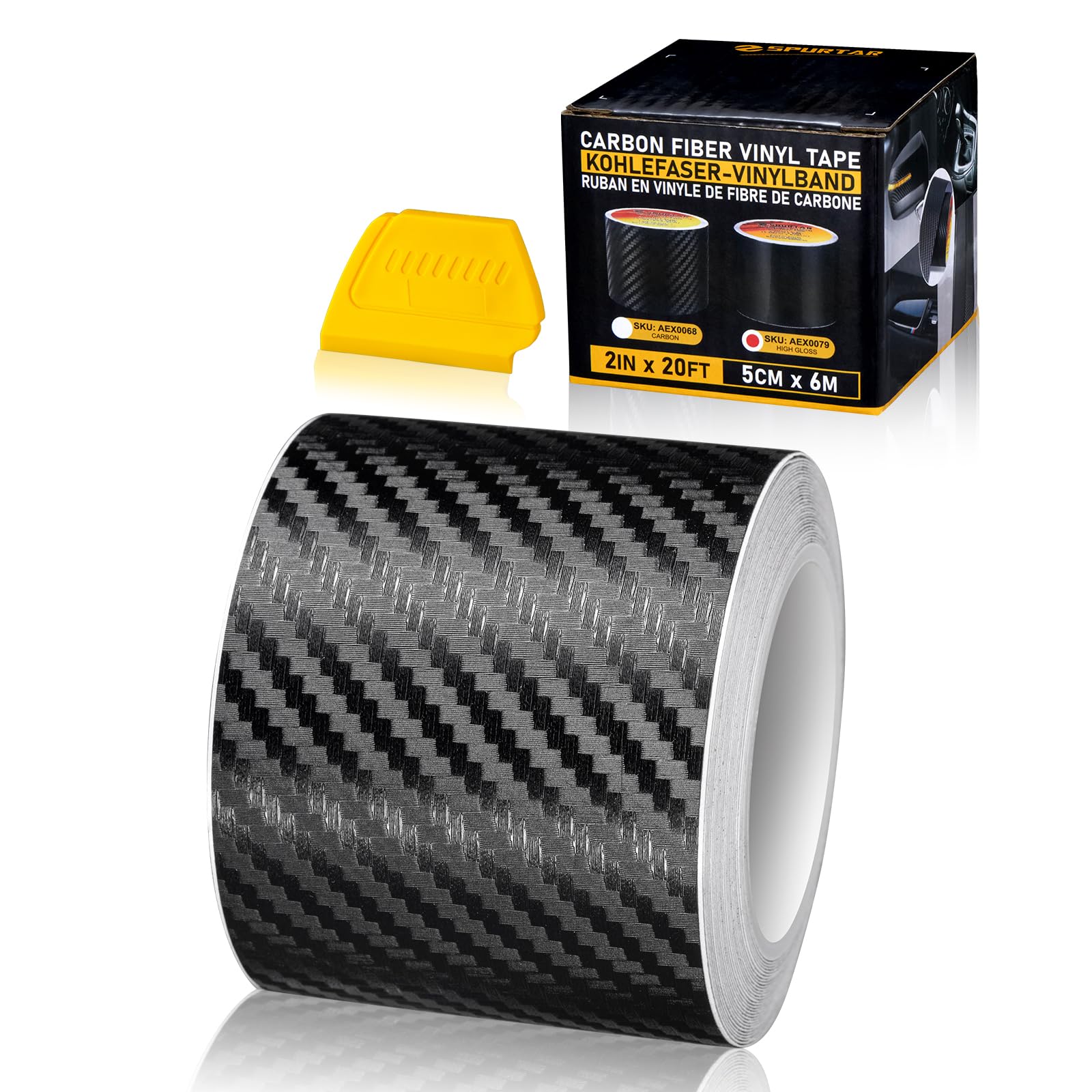 Spurtar Carbon Fiber Wrap Black Vinyl Wrap for Cars, 2 Inch x 20 ft Universal Chrome Delete Dry Carbon Fiber Tape Car Door Edge Guards Vehicle Detailing Tape Overlay Vehicle Exterior Accessories
