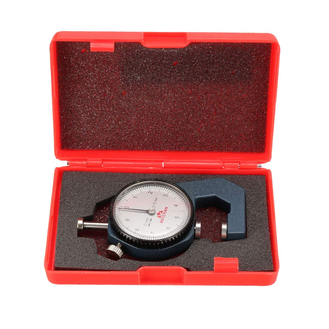 uxcell Dial Thickness Gauge stored in its red protective case.