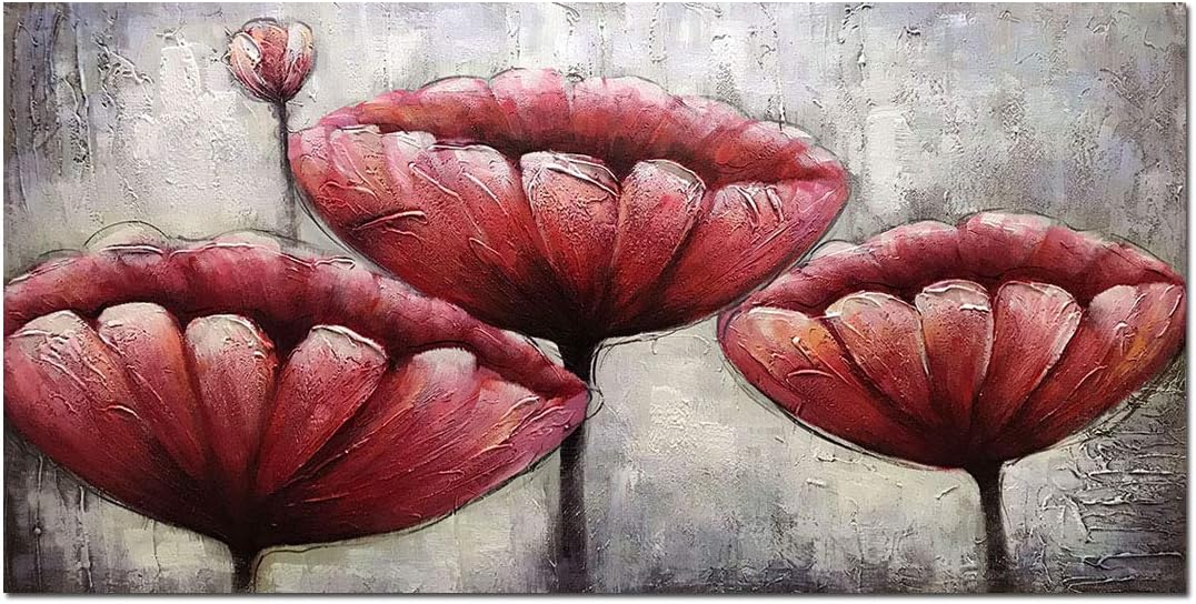 24x48 Inch Paintings,Red Wall Art Elegant Poppy Flower 3D Hand-Painted On Canvas Abstract Artwork Art Ready to Hand