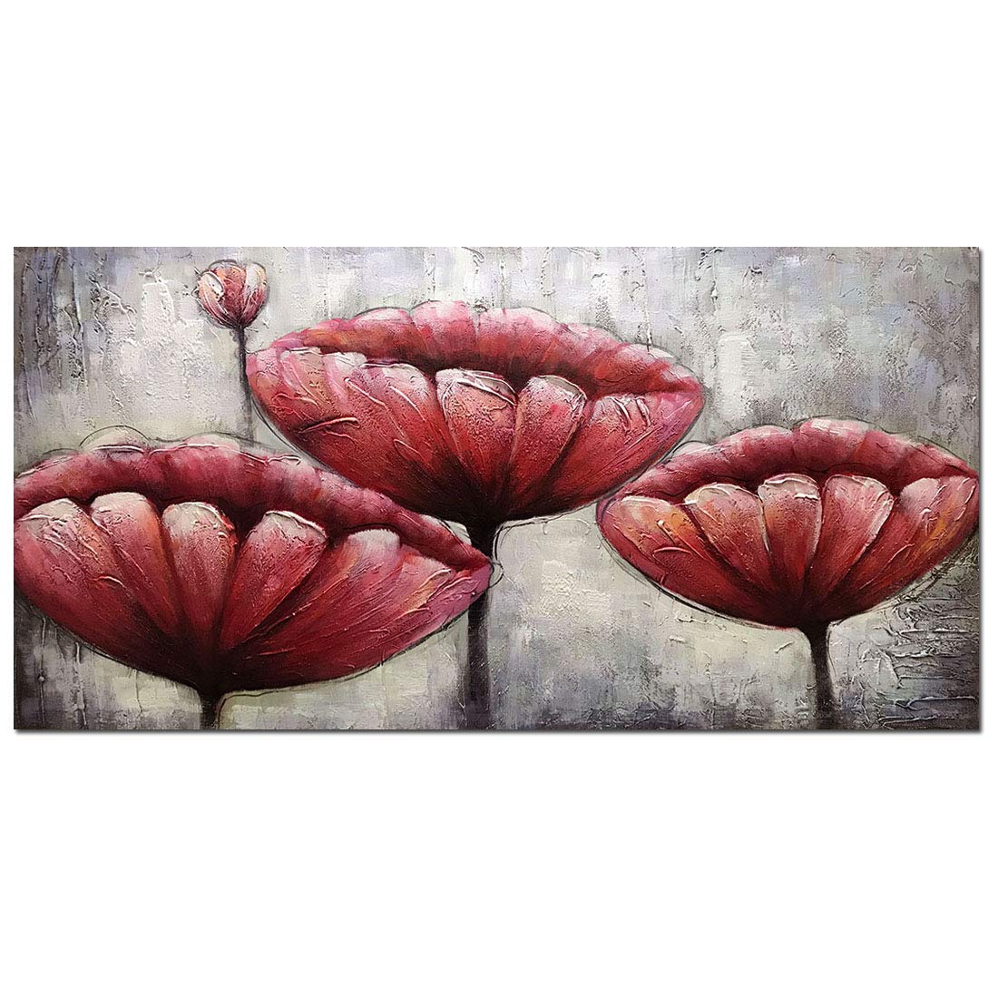24x48 Inch Paintings,Red Wall Art Elegant Poppy Flower 3D Hand-Painted On Canvas Abstract Artwork Art Ready to Hand