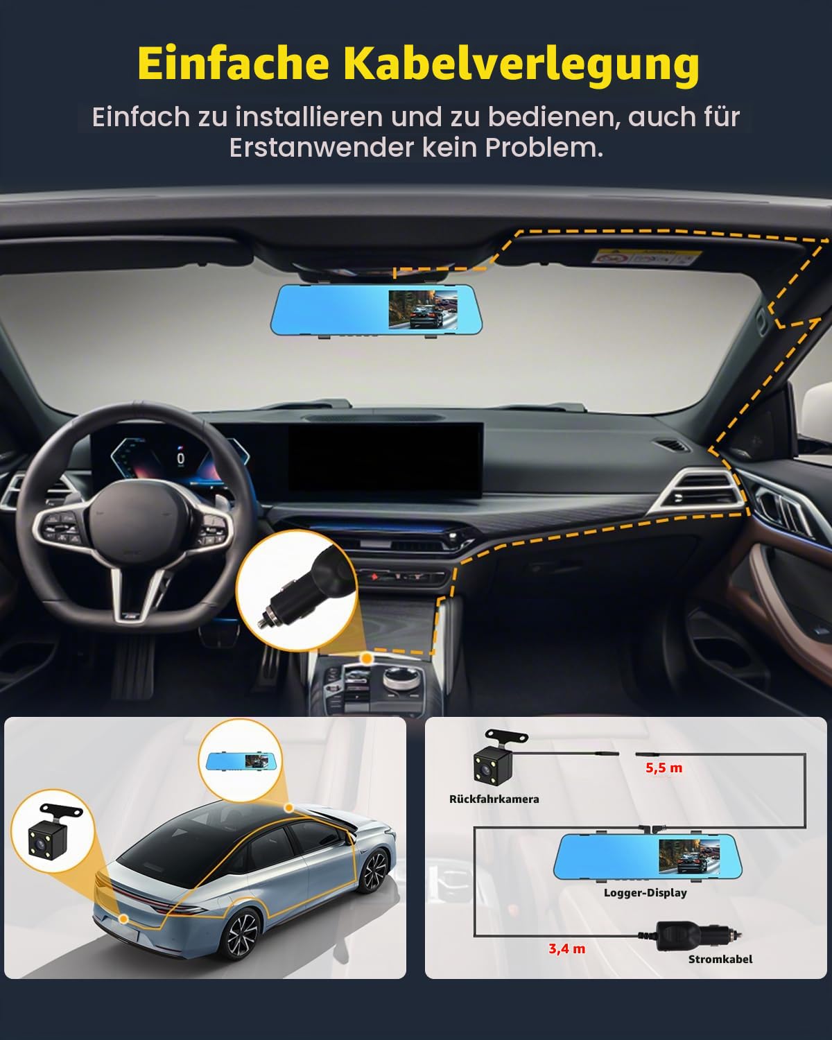 NHOPEEW 1080P Spiegel-Dashcam mit 4,5-Zoll-Bildschirm, Front- und Rückkamera, Loop-Aufzeichnung, Parkhilfslinien, Nachtsicht, Belichtungssteuerung, Plug & Play, 32 GB Karte
