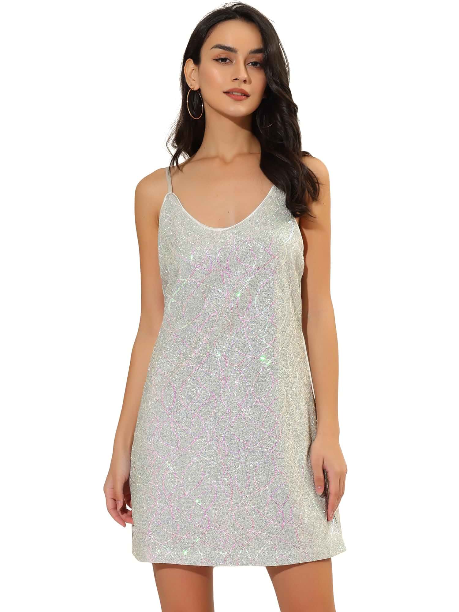 Allegra K Women's Glitter Sequin Dress Spaghetti Strap V Neck Party Cocktail Sparkly Mini Dress Clubwear sequin