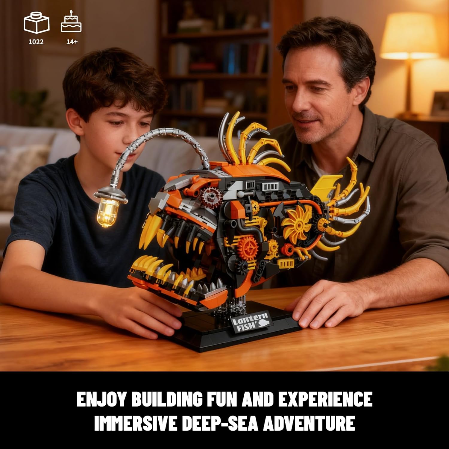 Mechanical Angler Fish Building Set with Light, Creative Ocean Lantern Fish Animal Toy for Home Office Decor, Compatible with Lego Shark, STEM Gift for Adults Teens Boys 8-14+ (1022 PCS)