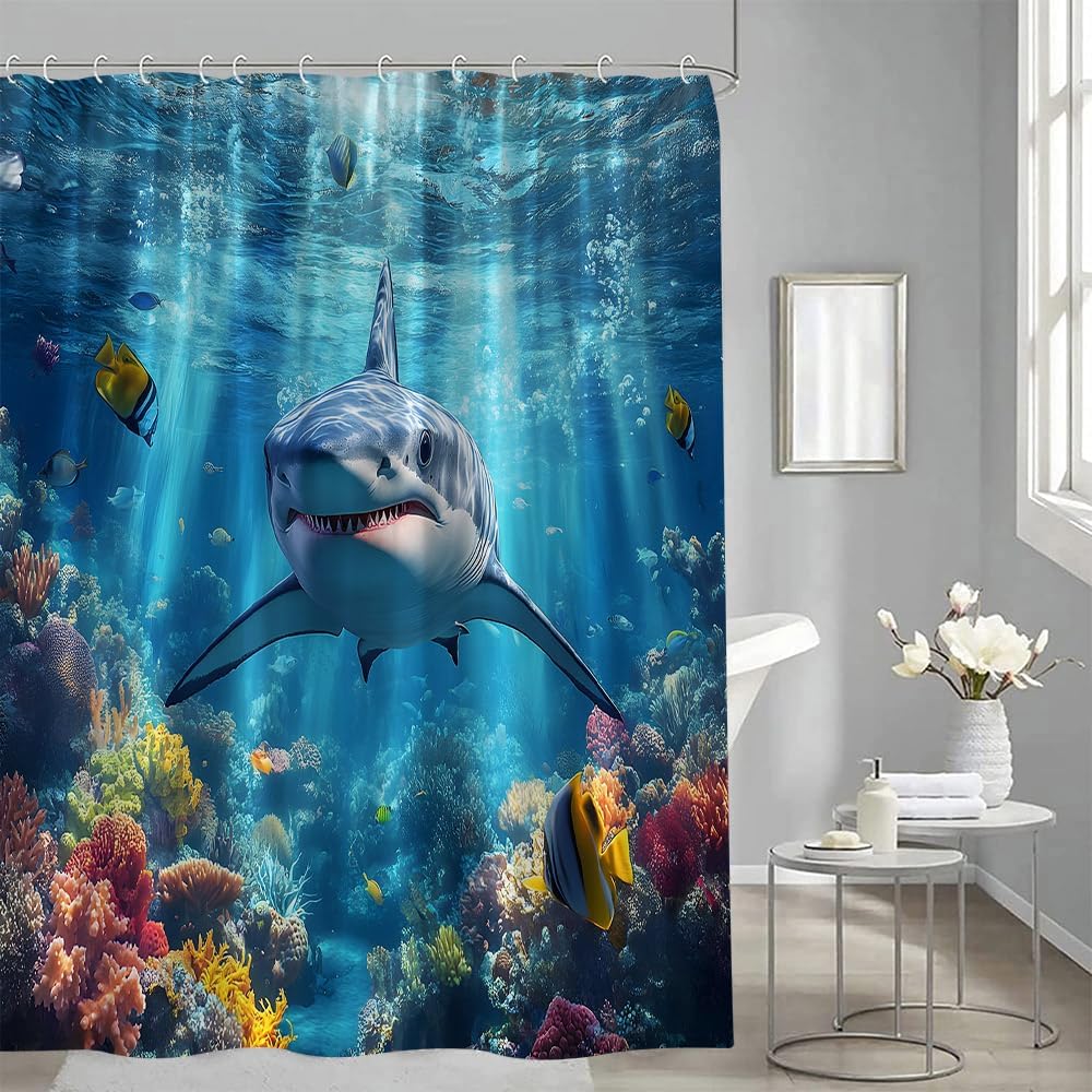 Shark Shower Curtain 3D Sea Wild Animal Ocean Sea Underwater World Fish Blue Wave Fantasy Marine Bathroom Decor Curtains 94x70 inch with Hook