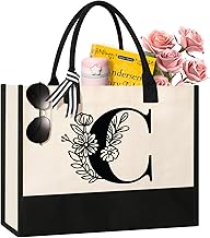 Personalized Initial Canvas Tote Bag, Cosmetic Bags, Suitable for Birthday, Wedding, Beach, Holiday, Great Birthday Gifts for Women, Mom, Teachers, Nurses, Best Friends, Bridesmaids (C)
