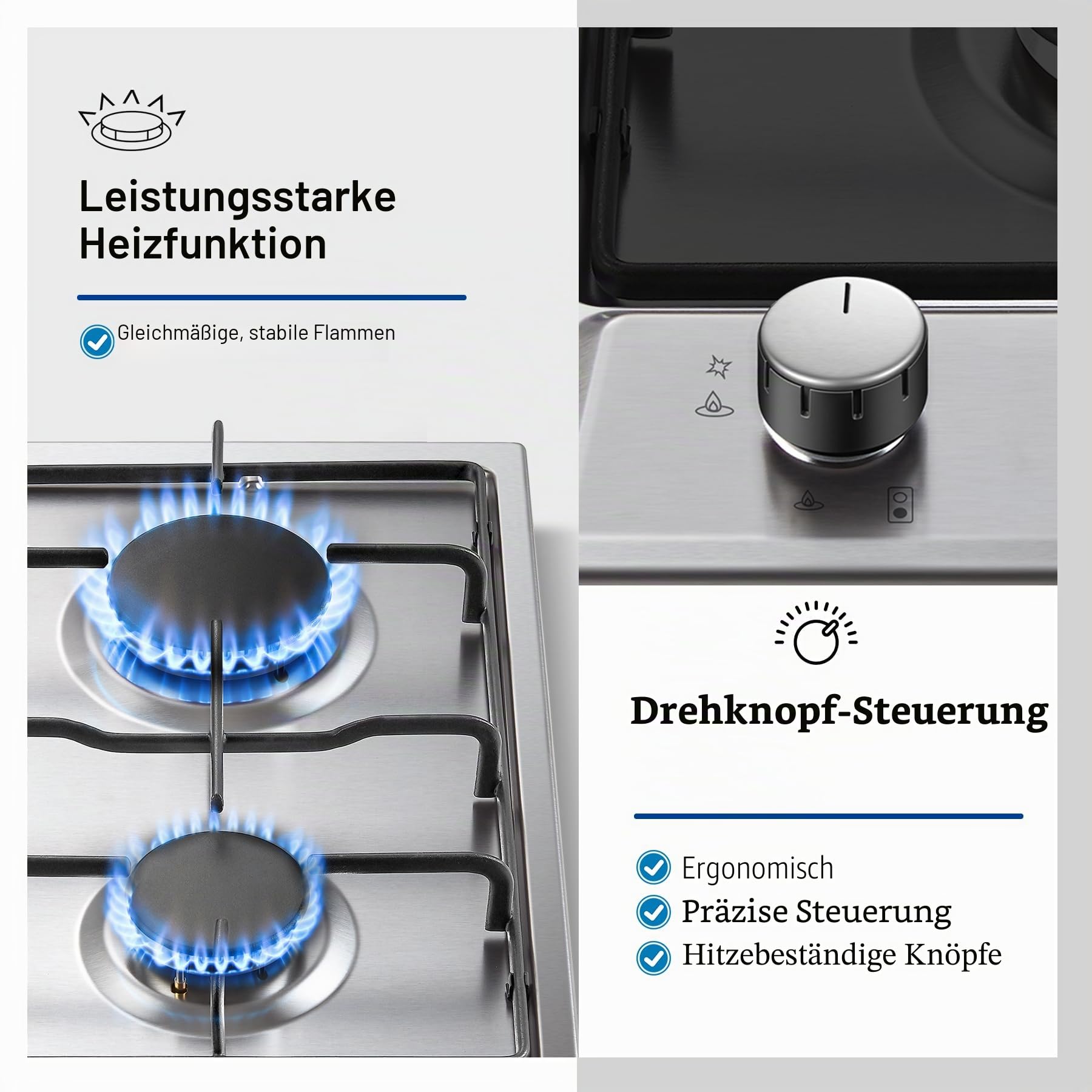 TopStrong Gaskochfeld 2 Flammig 30cm Edelstahl mit Automatischer Flammenschutz 4200W Erdgas Propangas