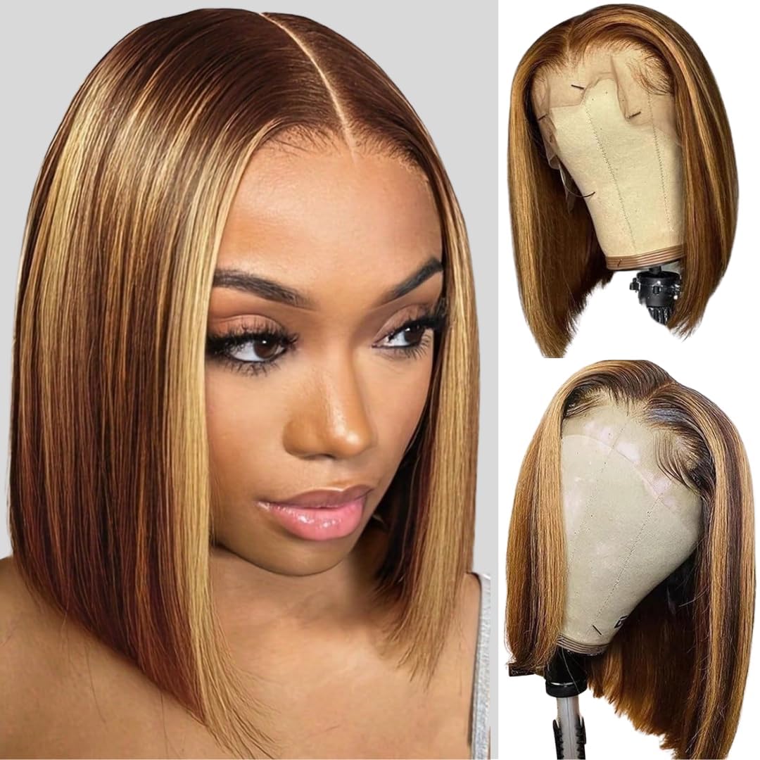 4/27 Ombre Bob Wig Human Hair 13x4 Lace Frontal Wig Human Hair Short Bob Straight Human Hair Wigs for Black Women 180% Density Transparent Lace Pre Plucked Natural Hairline with Baby Hair 10 Inch