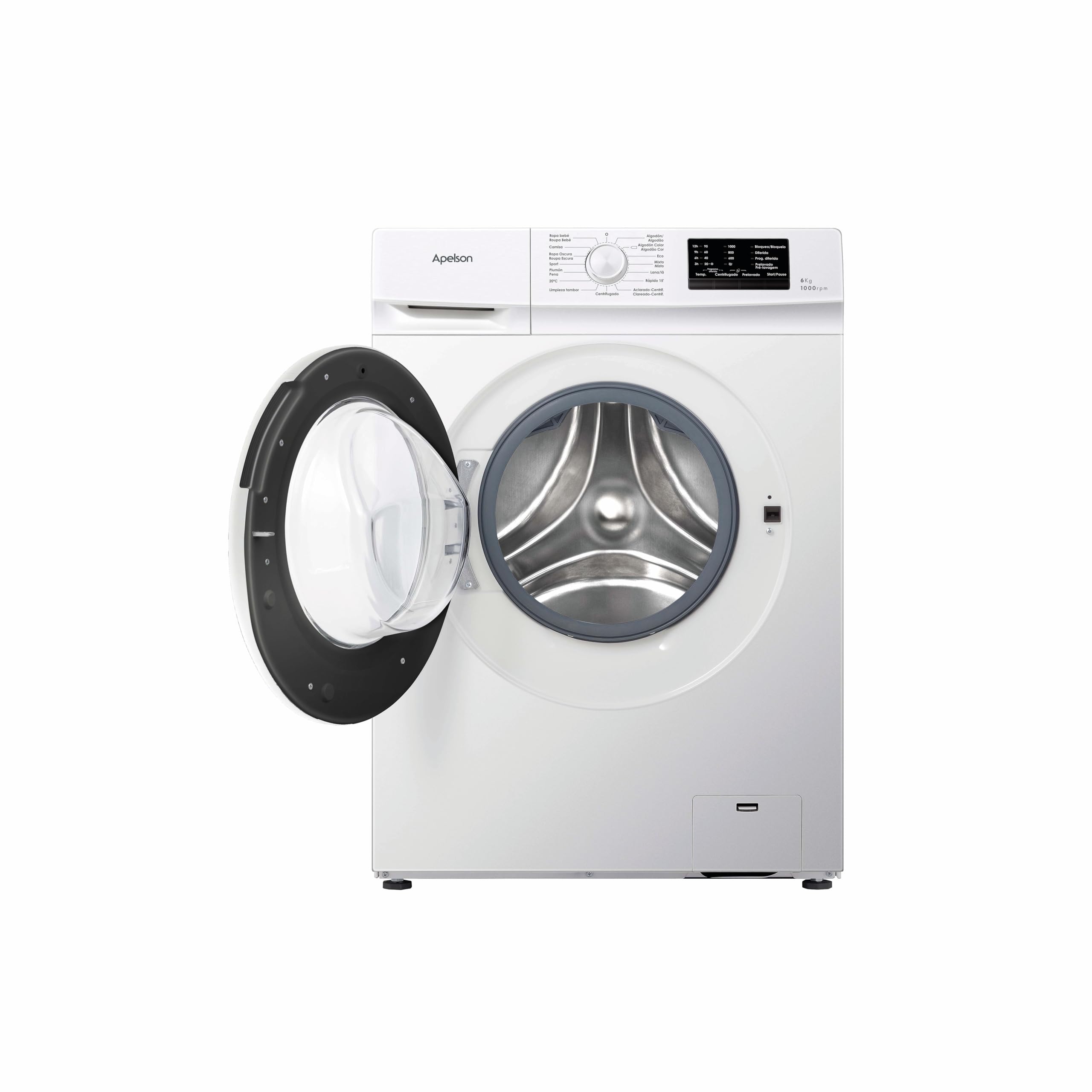 Apelson Lavadora de Carga Frontal AWM 6000 WH, 6 kg, 1000 rpm, 15 Programas de Lavado, Inicio Diferido hasta 12 h, Programas Rápido 15 min y Bebé, Libre Instalación, Color Blanco