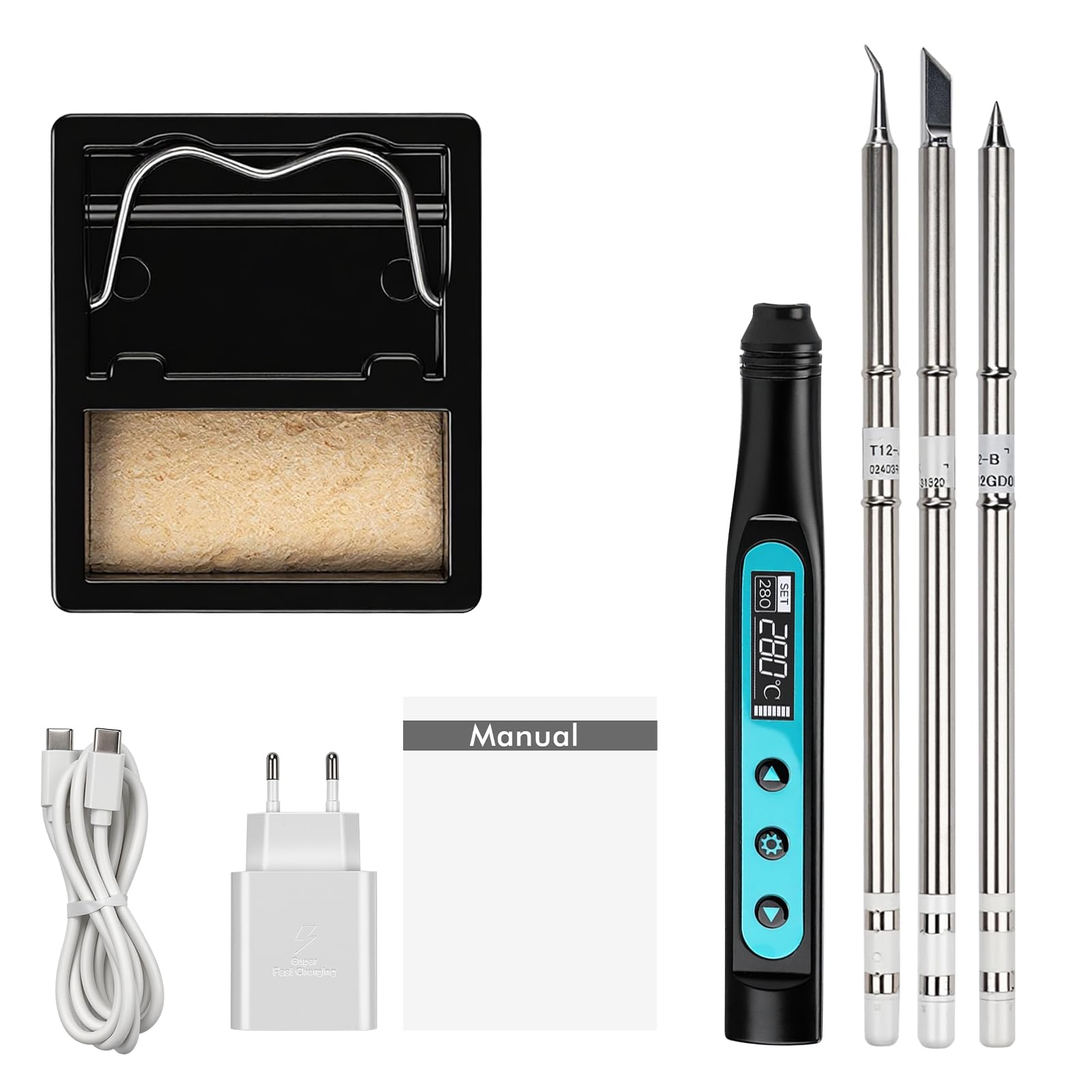 Soldador Estaño a Bateria, Soldador USB-C Inteligente Kit Soldering Iron electronica 90-480℃, 65 W, Soldador Inalambrico Portatil con pantalla digital y 3 puntas de repuesto, compacto y ligero