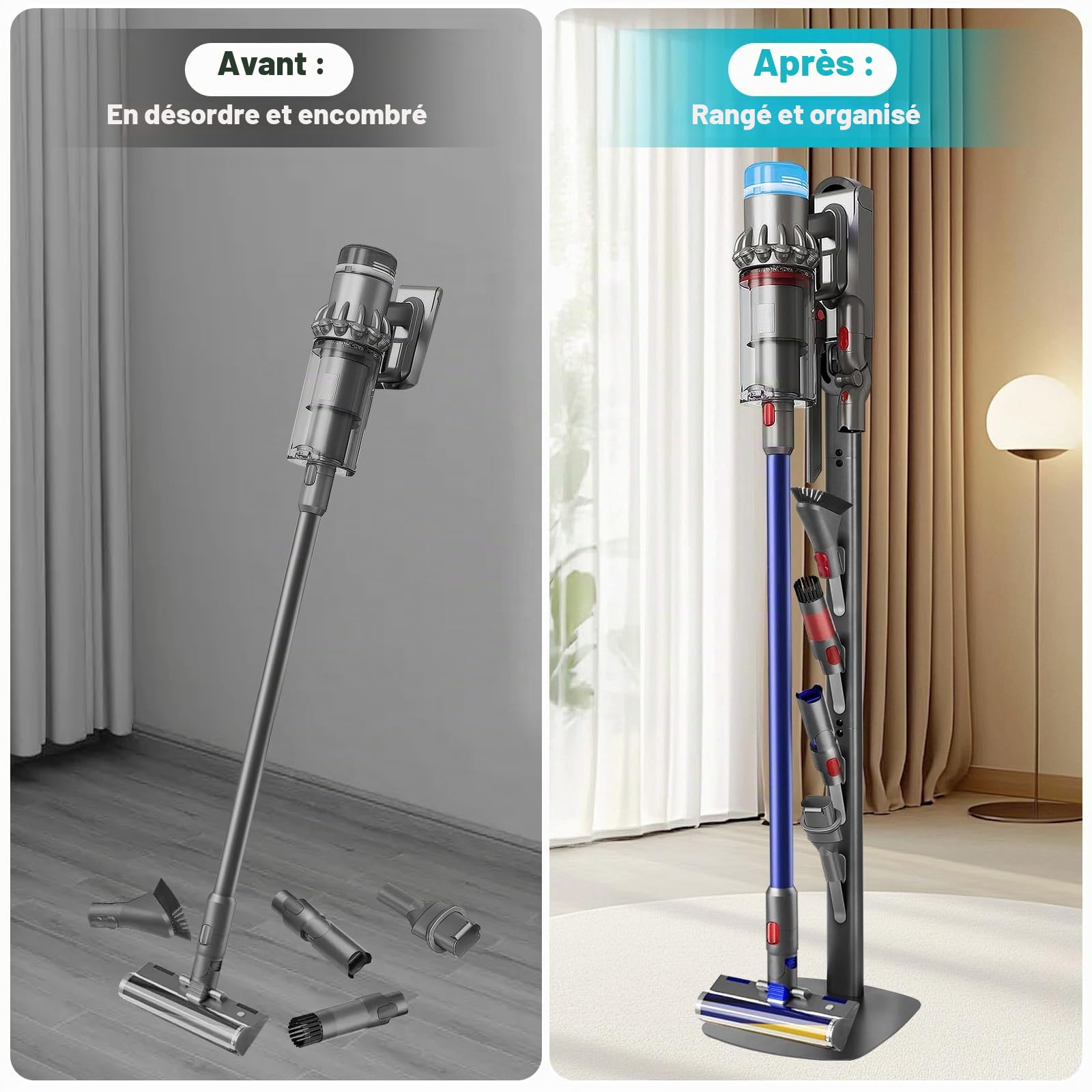 FrontLine Support pour aspirateur Dyson Gen5 V8 V15 V12 V11 V10 V7 V6, rangement mural stable en métal sans perçage, organiseur peu encombrant avec 4 crochets pour aspirateur sans fil Dyson et