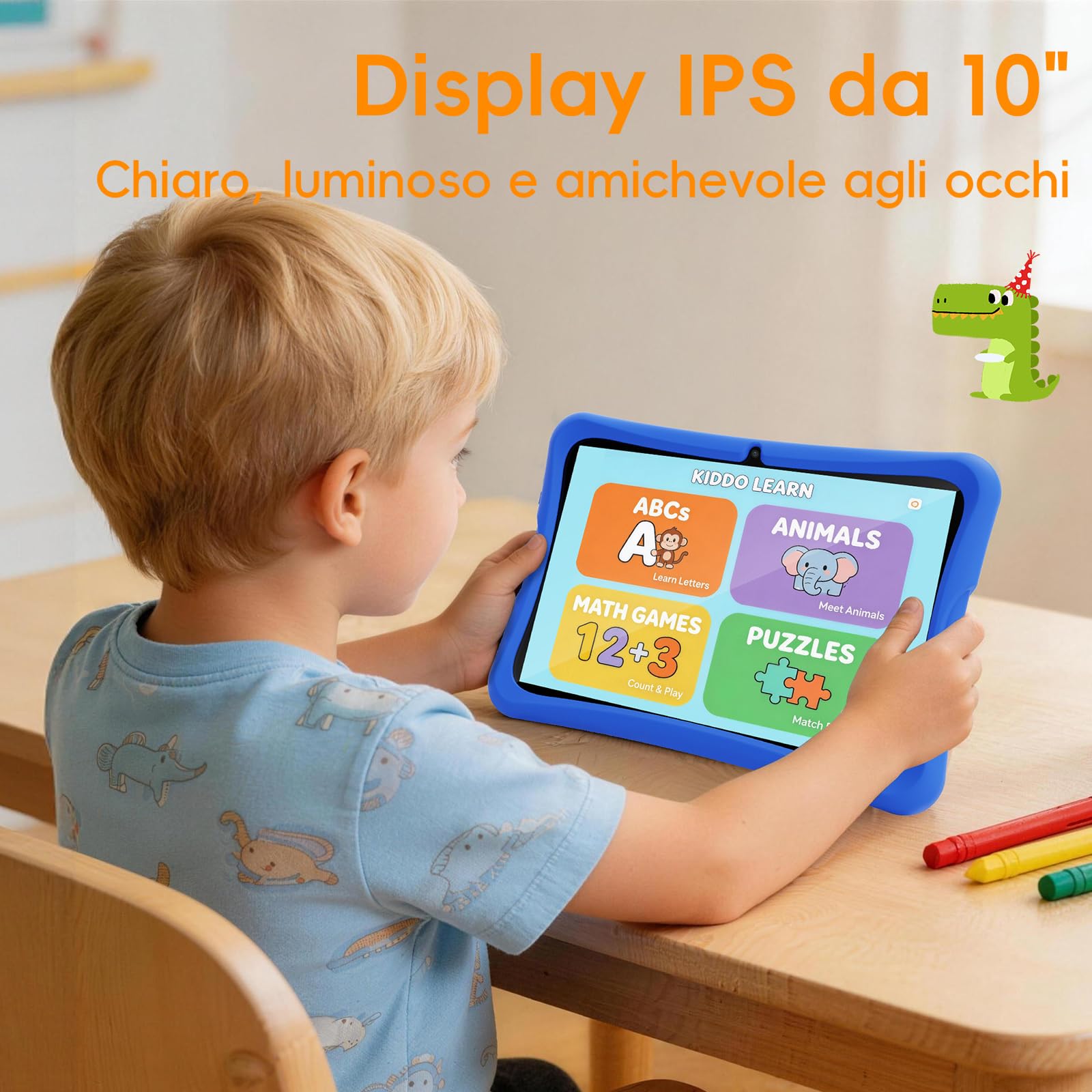 DigiLand Tablet per Bambini 10,1 Pollici, Android 15 con Custodia Protettiva, 6GB+32GB, Schermo IPS 1280*800, Doppia Fotocamera 2MP+5MP, 6000mAh, Tablet Didattico con Controllo Parentale & iWawa(Blu)
