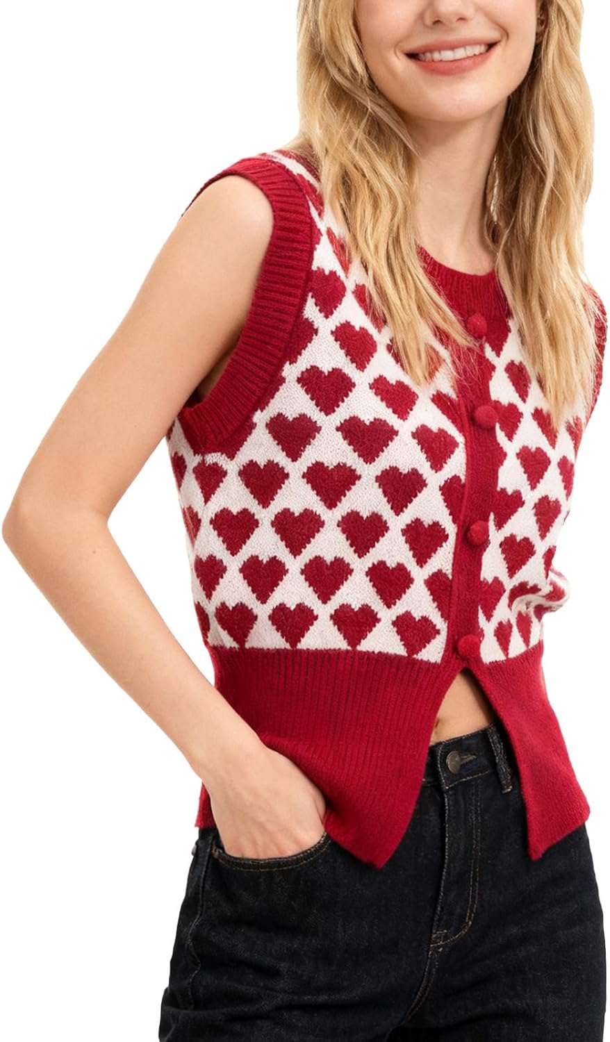 Womens 2026 Spring Sweater Vest Cute Heart Print Sleeveless Round Neck Knit Going Out Top - Image 2