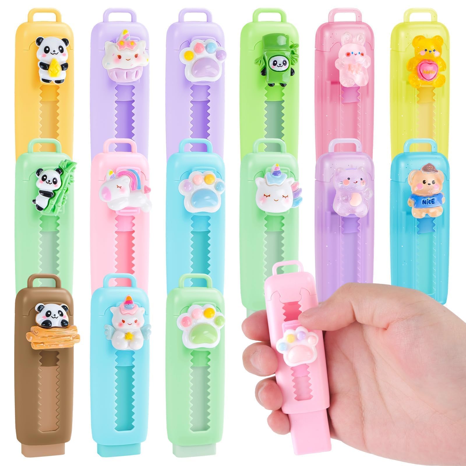 16 Gomme da Cancellare Retrattili per Bambini, Gadget Compleanno Bambini, Motivi 3D Unicorno Panda Orsetto, Gomma da Cancellare, Regalini Fine Festa Scuola 6-10 Anni