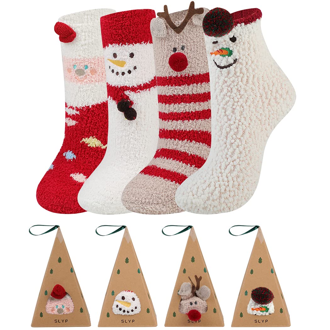 4 Paar Weihnachts-Socken für Frauen, Elch-Schneemann-gestreifte fuzzy Crew-Socken, warme flauschige Socken mit gestreiftem Muster, inklusive Grußkarte, ideale Geschenkidee für die Weihnachtszeit