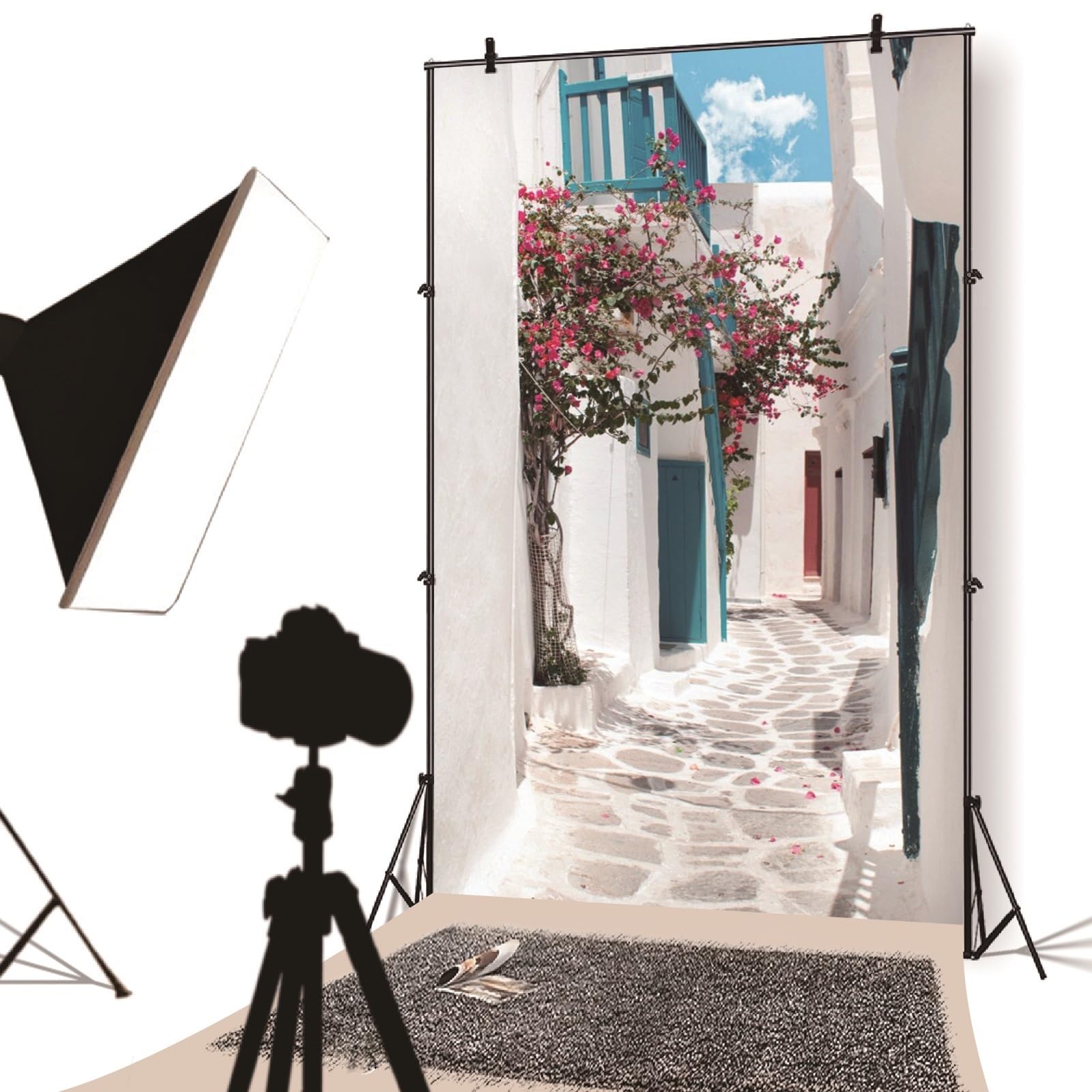 YongFoto 2,5x3m Vinile Sfondo Fotografico Vicolo greco tradizionale sullisola di Mykonos Grecia Fondale Foto Festa Bambini Boby Nozze Partito Studio Fotografico Puntelli