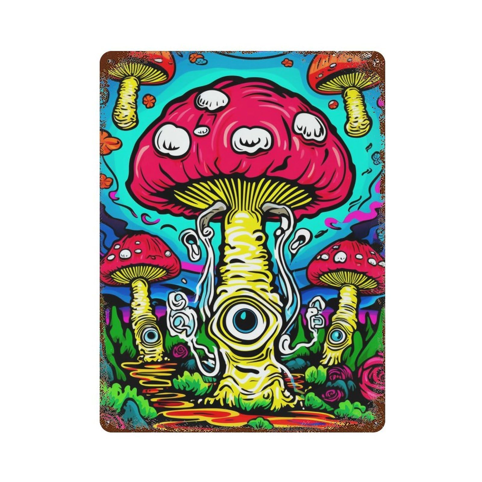 Weathered Tin Sign Mushroom Garden 15.7"x11.8", Novelty Wall Decor for Basement, Hobby Room And Garage Decor