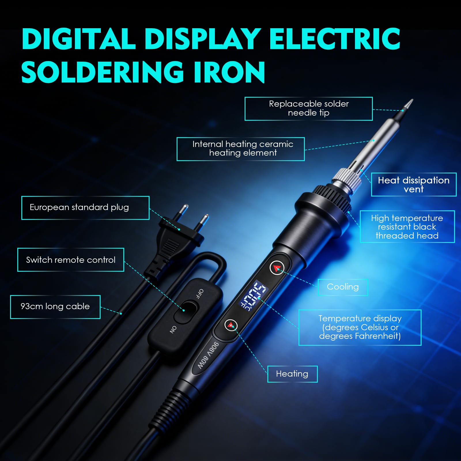 Kit Fer à Souder 80W, Température Réglable 180-500°C, Électronique de Précision avec Interrupteur Marche/Arrêt, 5 Pannes, Fil de Soudure, pour Réparation Électrique et Bricolage (Noir) - 4