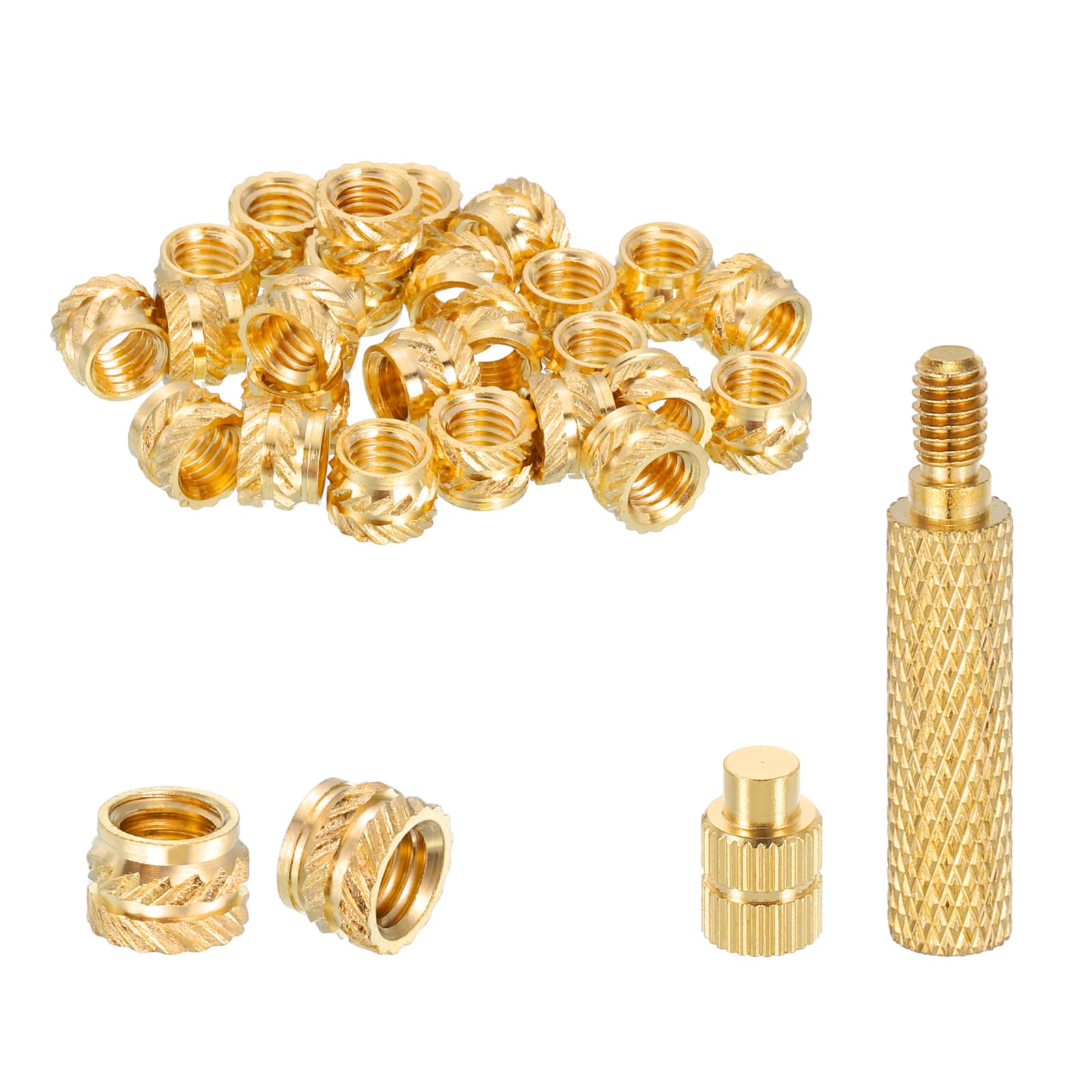 sourcing map 20 Pcs Threaded Inserts with Soldering Iron Tip Press Tool, M6 x 5mm H x 8mm OD Brass Metric Knurled Nuts Heat Set Inserts Embedment Nut for 3D Printing Plastic Parts