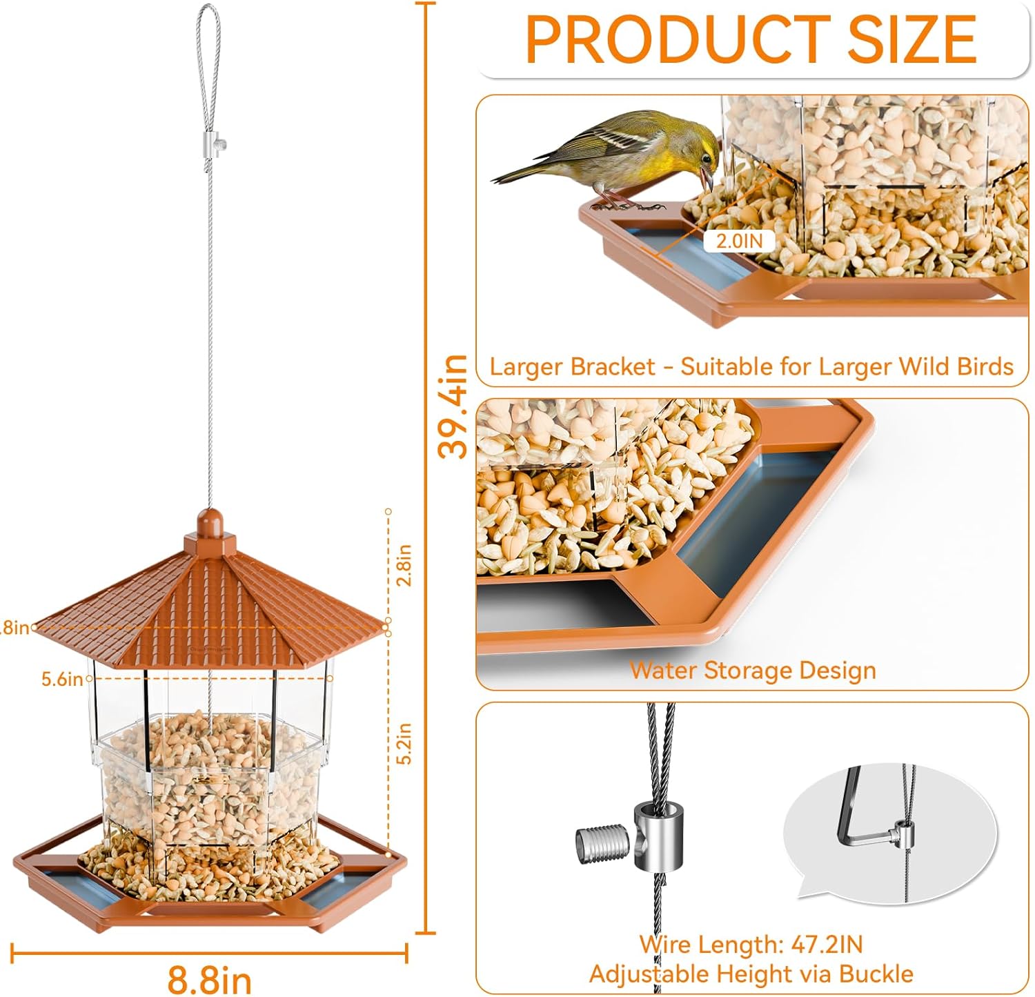 Yieach Hanging Bird Feeder for Outdoors,Large Hopper Squirrel Proof Birdfeeder for Cedar,Red,Cardinal,Blue Jay and Wild Birds,Easy to Feel Birdhouse & Bird Seed Feeder & Gazebo for Outside,Tree,Brown - Image 3