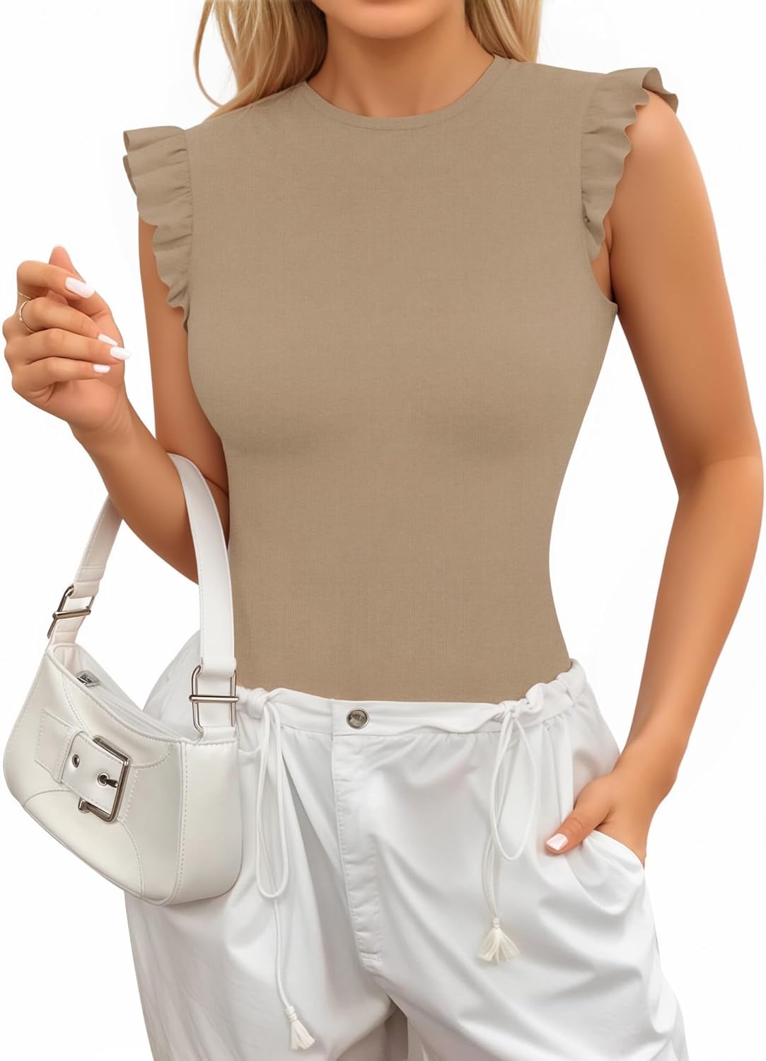 MANGOPOP Women's Body Suits Cute Crew Neck Ruffle Sleeveless Slim Fit Bodysuit Tank Tops Tight Casual Sexy (Mocha,M) - Image 4