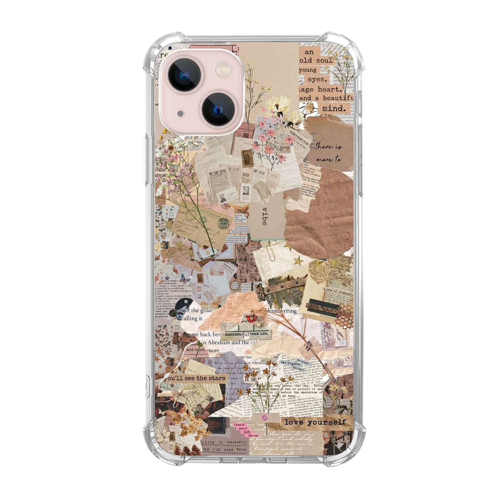 Ospavbinez Brown Aesthetic Newspaper Collage Case Compatible with iPhone 14, Hippie Trippy Quotes Lifestyle Art Case for iPhone 14, Cool TPU Bumper Phone Case Cover