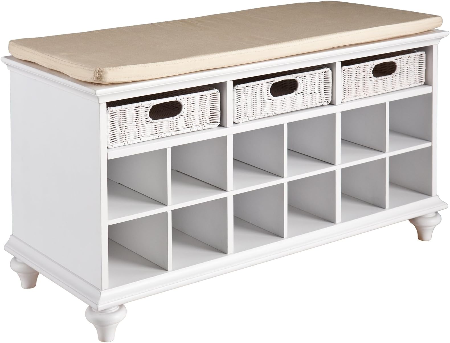 Chelmsford Entryway Storage Bench - Shoe Cubbies w/ Fixed Shelves - White Finish