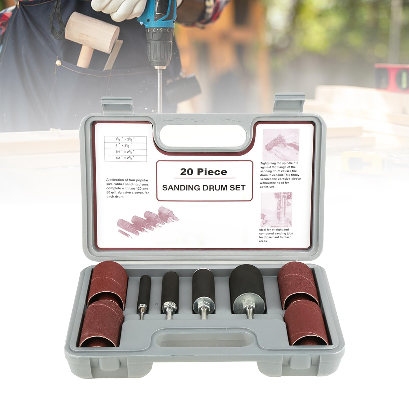 20-teiliges Schleifwalzen-Set für Standbohrmaschine & Bohrmaschine – Premium Schleifhülsen & Gummi-Schleiftrommeln für Holzbearbeitung & Kantenschliff inkl. Aufbewahrungskoffer