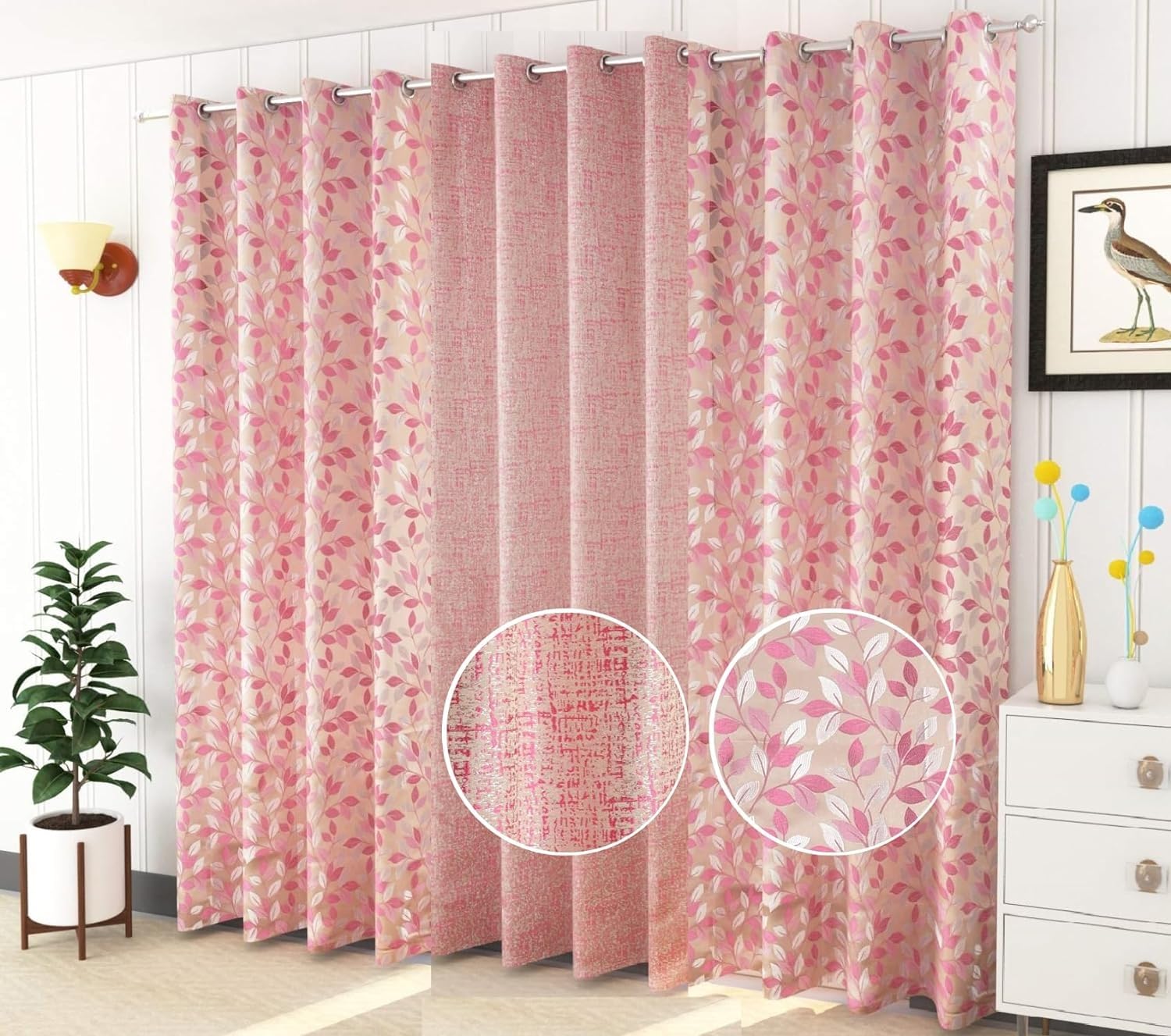 Stuffique Jacquard Eyelet 2 Leaves and 1 Texture Curtain Set Jute Room-Darkening 3 Piece (Door - 8 Feet, Pink) (B0C55BWHTR) Amazon Price History, Amazon Price Tracker