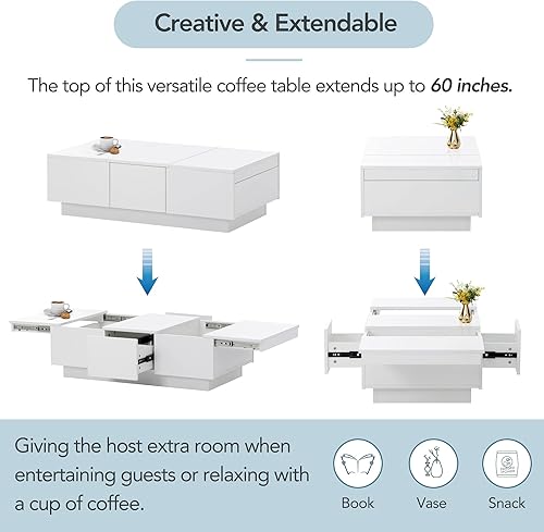 Miniatura 7 de Mesa auxiliar multifuncional con 2 grandes compartimentos de almacenamiento ocultos, mesa de cóctel extensible con 2 cajones, mesa central de alto