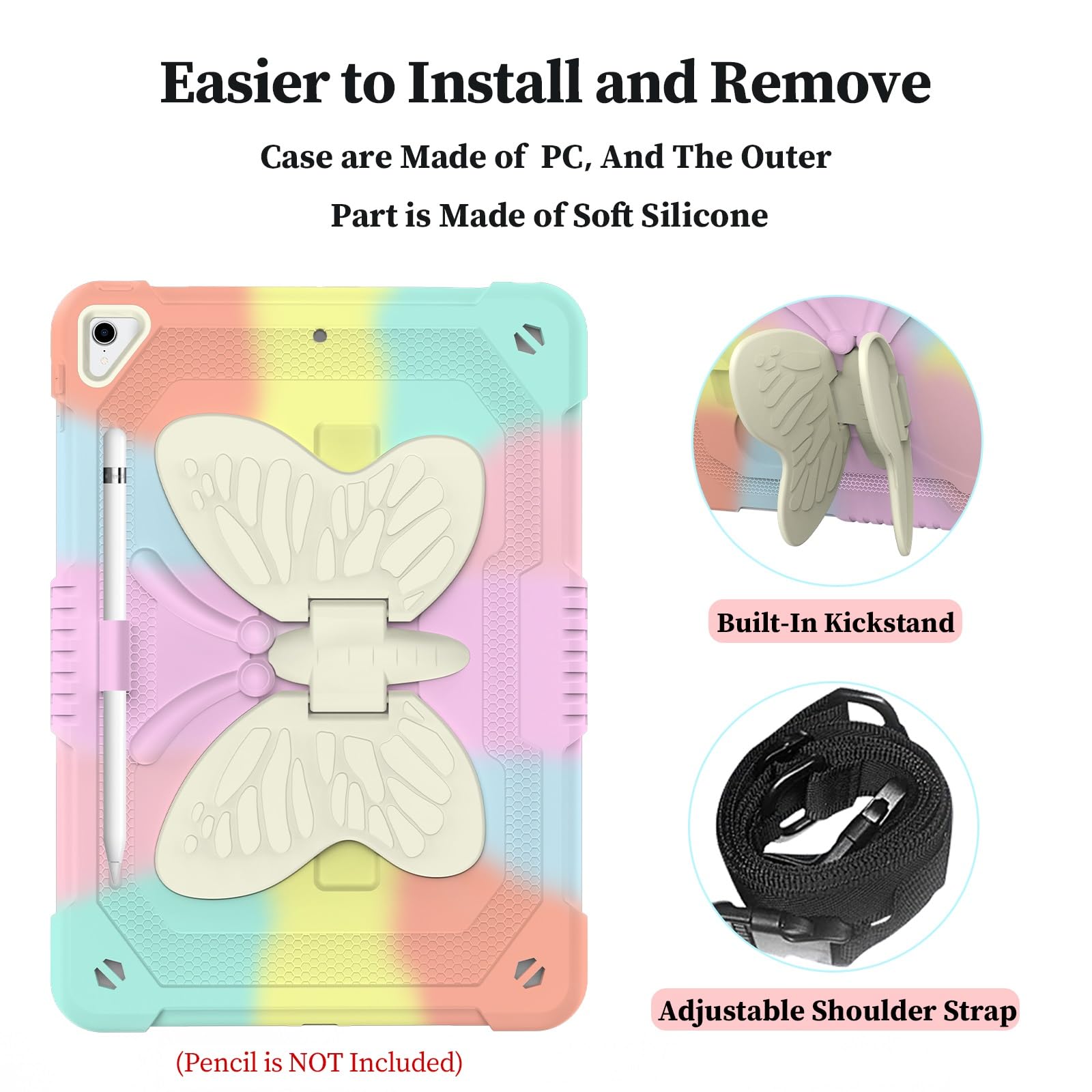 Funda para iPad de 9ª 8ª y 7ª generación para niños y niñas con soporte para lápices, funda para iPad 10.2 con soporte de mariposa y correa para el hombro, funda protectora a prueba de golpes, 5