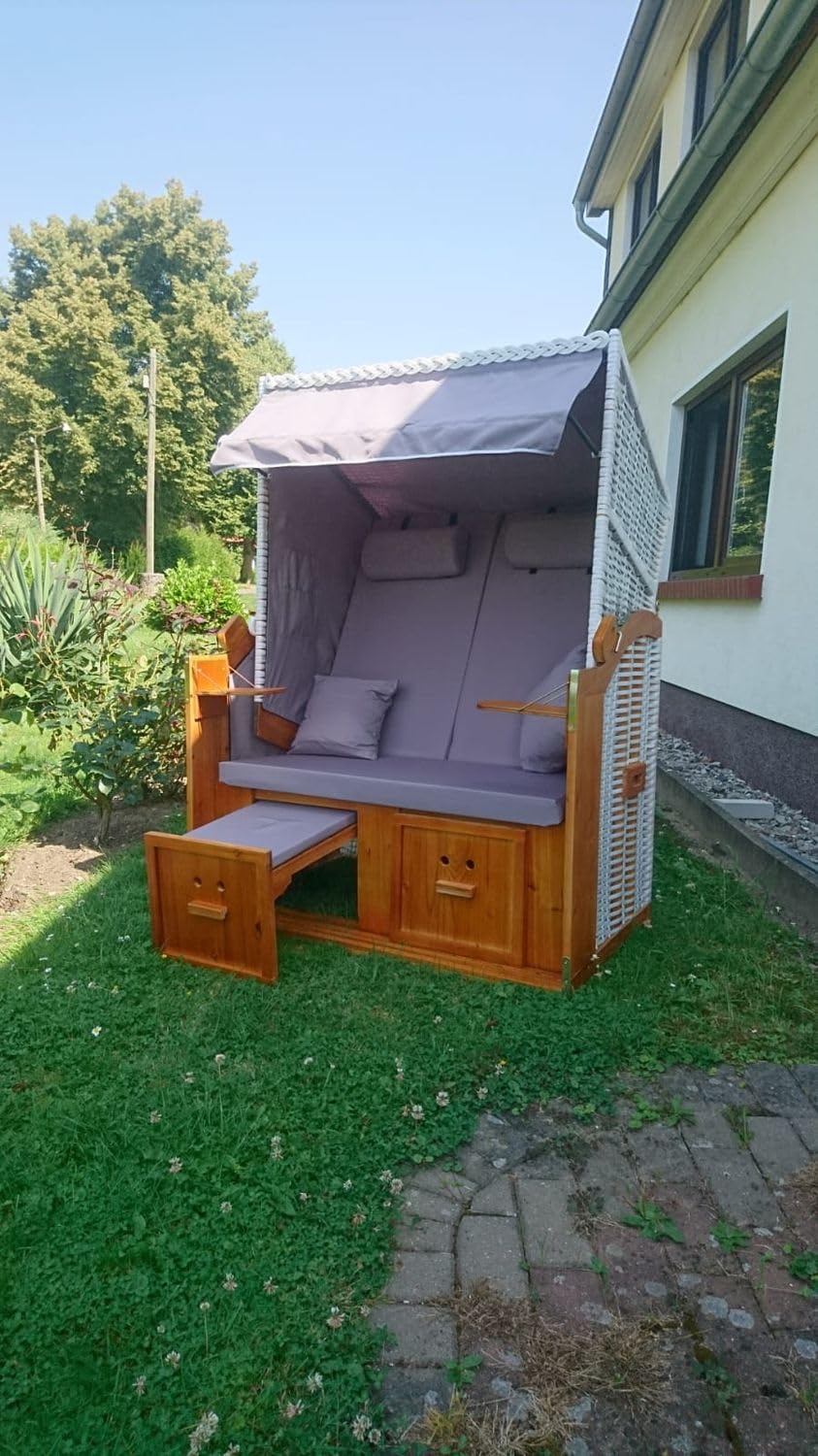 MR. DEKO® Fauteuil-cabine de plage Baltique 2 places | polyéthylène tressé blanc, avec housse gris uni | avec 4 coussins et table pliante - Chaise de plage réglable - En bois dur avec repose-pieds -