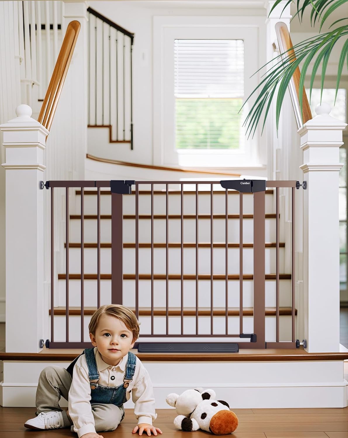 Cumbor 29.7-48" Baby Gate for Stairs, Mom's Choice Awards Winner-Dog Gate for Doorways, Auto Close Safety Pet Gate for Dogs Indoor, Easy Install Pressure Mounted Child Gate with Walk Thru Door, Brown Brown 29.7-48"W x 30.5"H