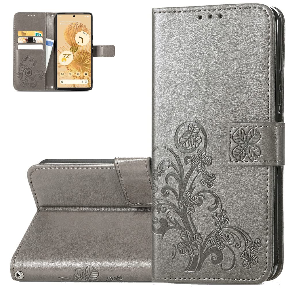 Monwutong Wallet Phone Case for Google Pixel 6, PU+TPU Leather Flip Kickstand Case with Magnetic Clasp and Cash Card Slots Holder Cover for Google Pixel 6 SYC Gray