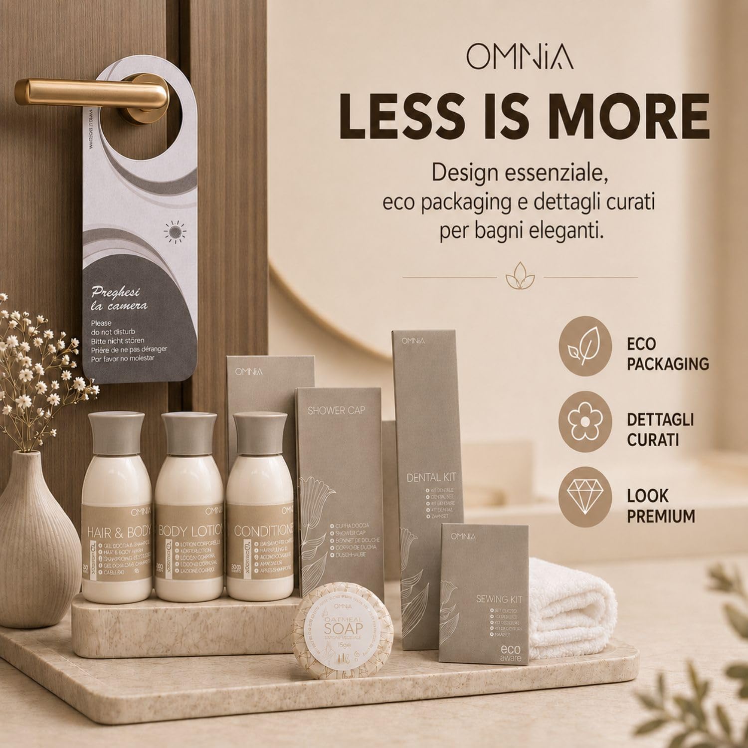 Kit Cortesia 344 Pezzi; 56 doccia shampoo, 56 crema corpo, 56 balsamo, 56 saponette, 30 cuffie monouso, 30 vanity set, 20 dental kit, 20 set barba e 20 set minicucito - omaggio 110 pezzi