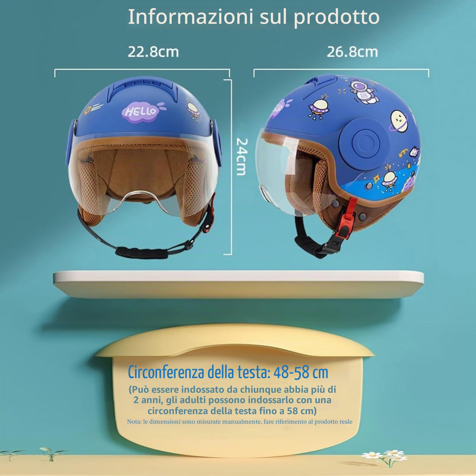 Casco Mezzo Casco Moto Bambini Visiera Parasole Aperto Omologato DOT/ECE Leggero Estivo A,48-58cm