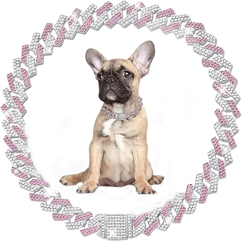 Silver Pink Dog Chain, Girl Rhinestone Puppy Necklace Metal Cuban Link Dog Collar, Bling Diamond Glitter Sparkly Cute Jewelry for Small Medium Large Female Puppies Pets Cat 14 Inch