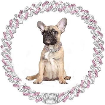 Silver Pink Chain Dog Collar, Dogs Cuban Link Collars, Cat Necklace 8 Inch