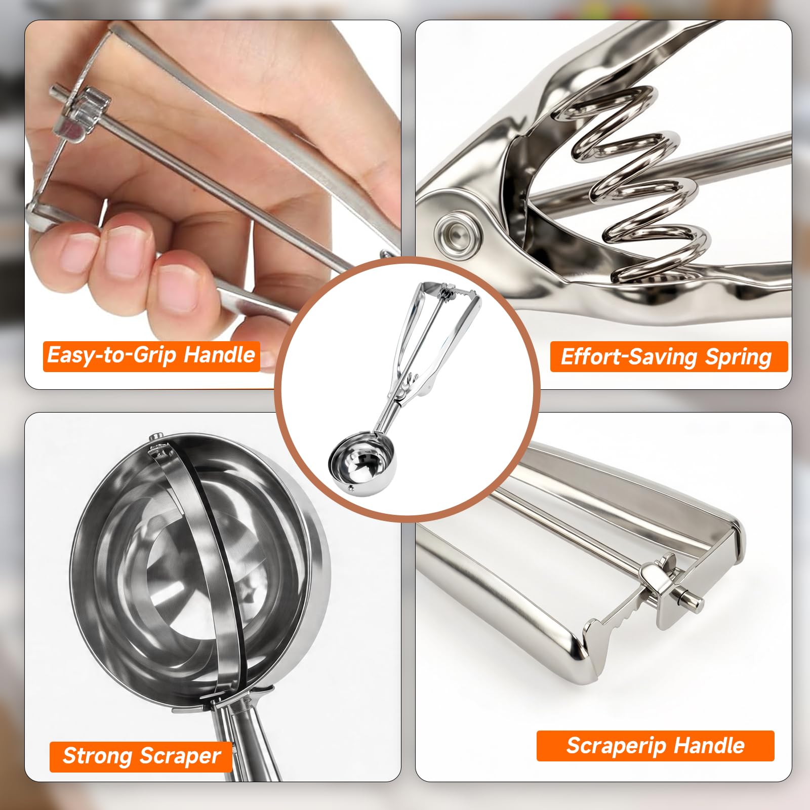 Juego de 3 cucharas de acero inoxidable para helado con disparador (15/30/45 ml) – Para bolas perfectas de helado, masa de galletas, magdalenas y albóndigas – Apto para lavavajillas y