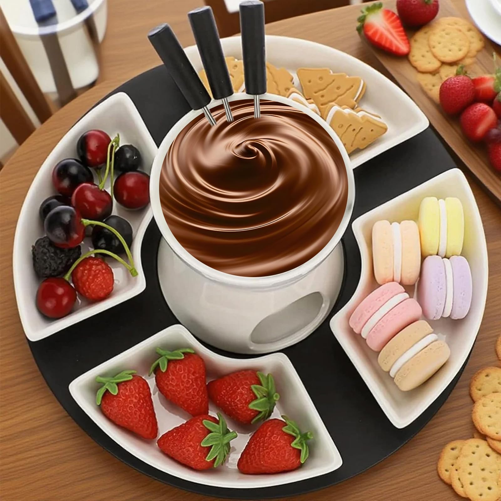 Ceramiczny zestaw do fondue czekoladowego, 300 ml, czekoladowe fondue z 4 talerzami ceramicznymi i 4 widelcami, podgrzewane jedną świecą, kolor biały, obracany czekoladowy fondue, zestaw