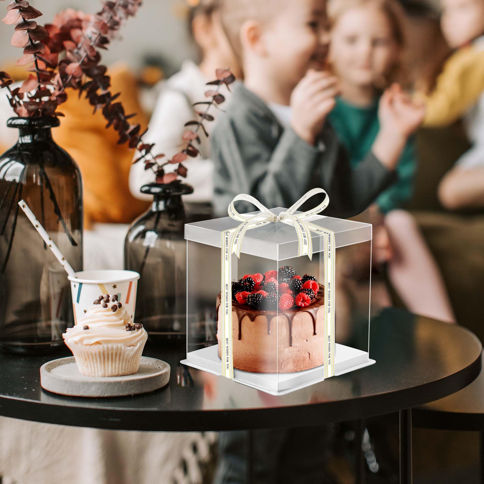 12 cajas transparentes para tartas de 7 x 7 x 8 pulgadas, caja alta para tartas con tapa y cinta, caja transparente para tartas para panadería, boda, fiesta de cumpleaños