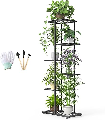 Soporte de metal para plantas de 6 niveles y 7 macetas para interiores con herramientas de jardinería y guantes, organizador de estantes altos para