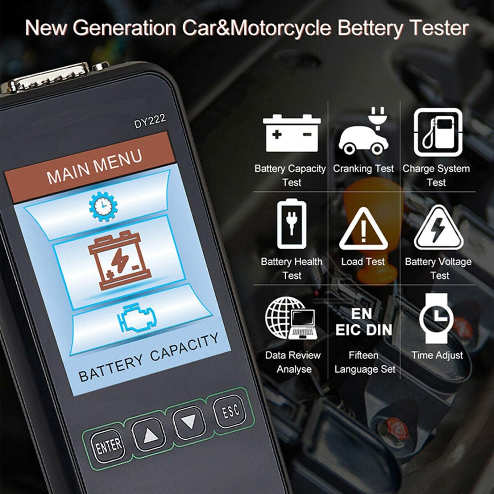 DY222 Tester per batteria del veicolo da 12 V/24 V, tester di resistenza interna con display LCD da 3,2 pollici, dispositivo diagnostico auto per avviamento, sistema di ricarica e test di capacità