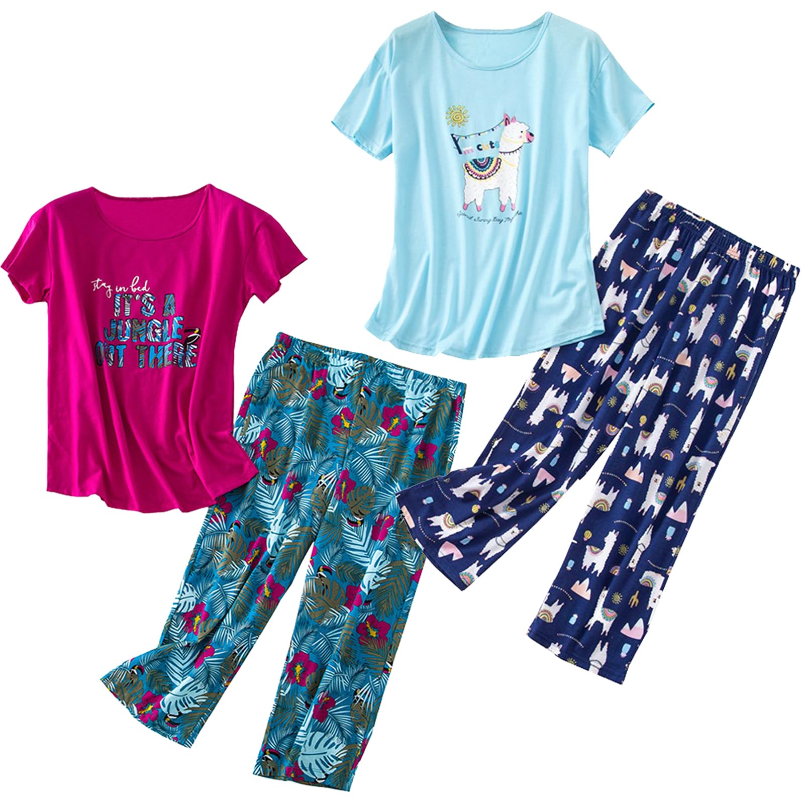 HOWINCO 2 Pack Womens Plus Size Pajama Sets Cotton Pj Set Summer Top With Capri Pants Sleepwear Lounge Set
