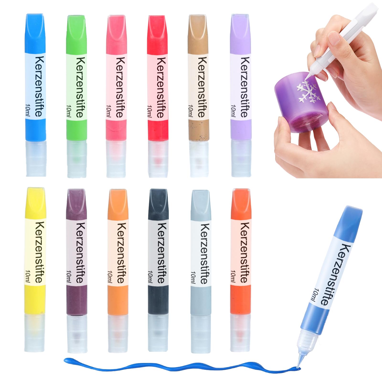 Ovaletta 12 Stück Kerzenstifte, Kerzen Bemalen Set, Wachsstifte für Kerzen, Candle Pen Ideal zum Dekorieren und Gestalten Kerzenfarbe, Keramik Bemalen Set, je 10 ml