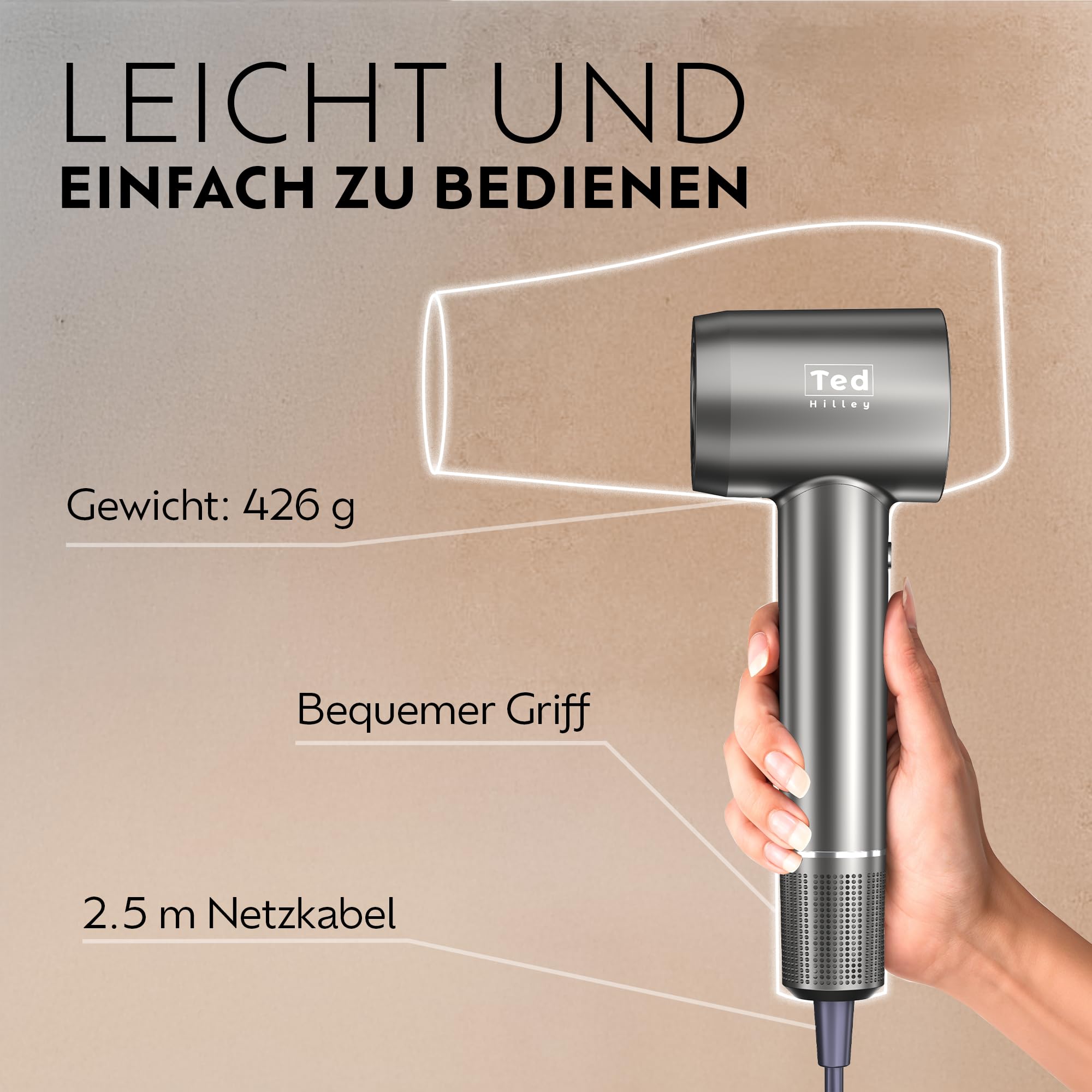Ionen Föhn mit Diffusor & High-Speed Motor – 5× schnellerer Haartrockner Ionen – Fön mit Diffusor & Konzentrator – 5 Heizstufen, 2 Geschwindigkeiten, HD-Display – Reiseföhn & Haarföhn für Locken