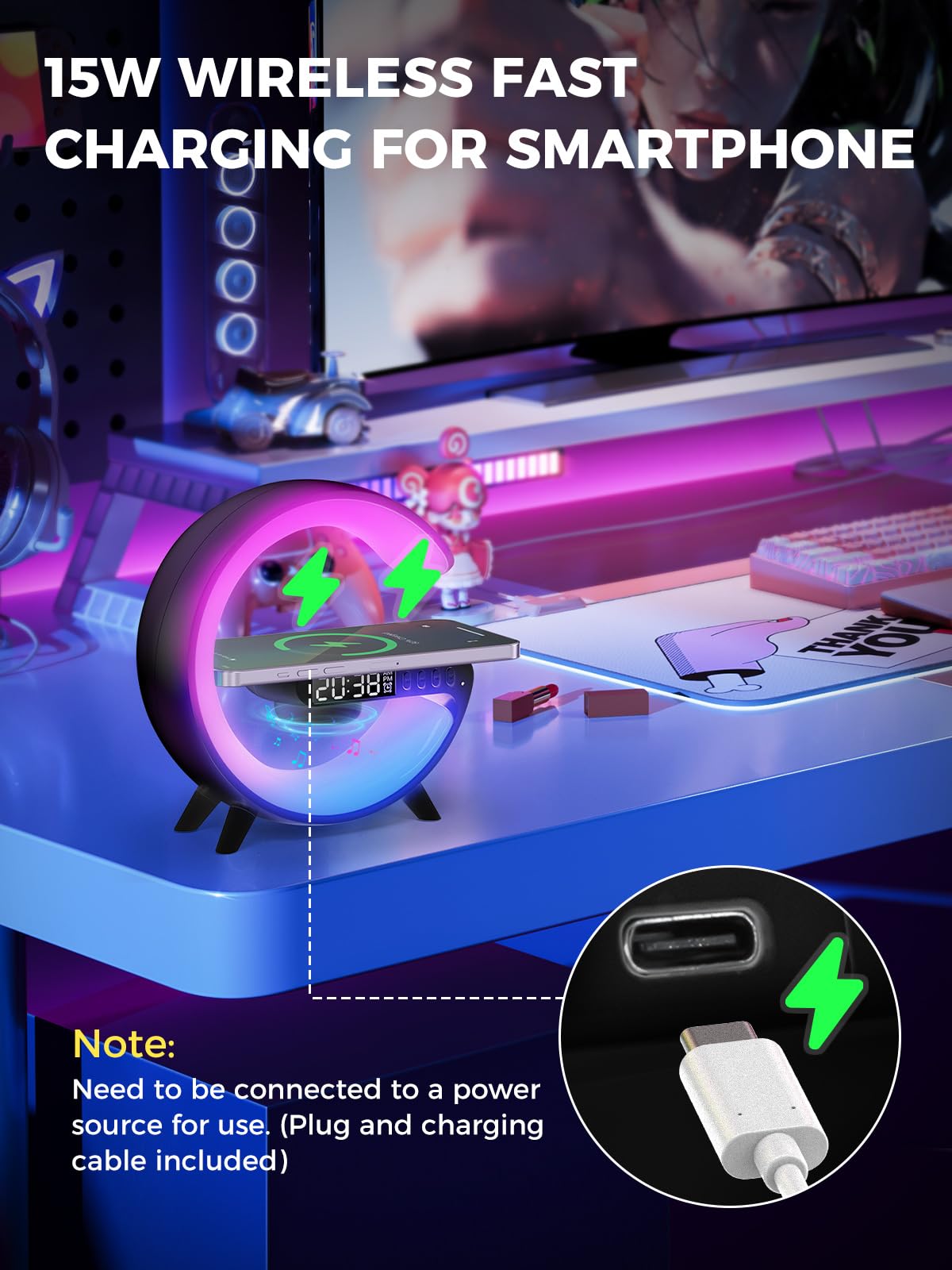 Smiling Shark Wake Up Light, Sveglia Luce LED Intelligente【Piccolo Negro】Con Altoparlante Bluetooth & Ricarica Senza Fili 16 Milioni di Colori Per Adulti & Bambini, Luce-Sveglia-da-Comodino