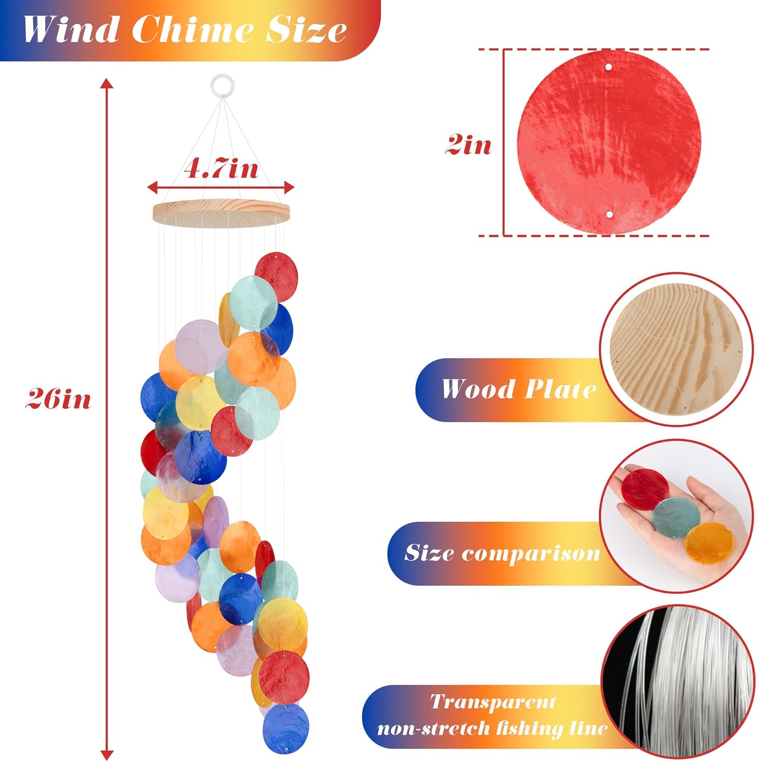 Seashell Wind Chimes for Outside - Handcrafted Colorful Spiral Shape Capiz Shells Windchime Coastal Style Decor for Indoor/Outdoors, Garden & Beach Hanging Decor for Wind Chimes Lovers and More - Image 2